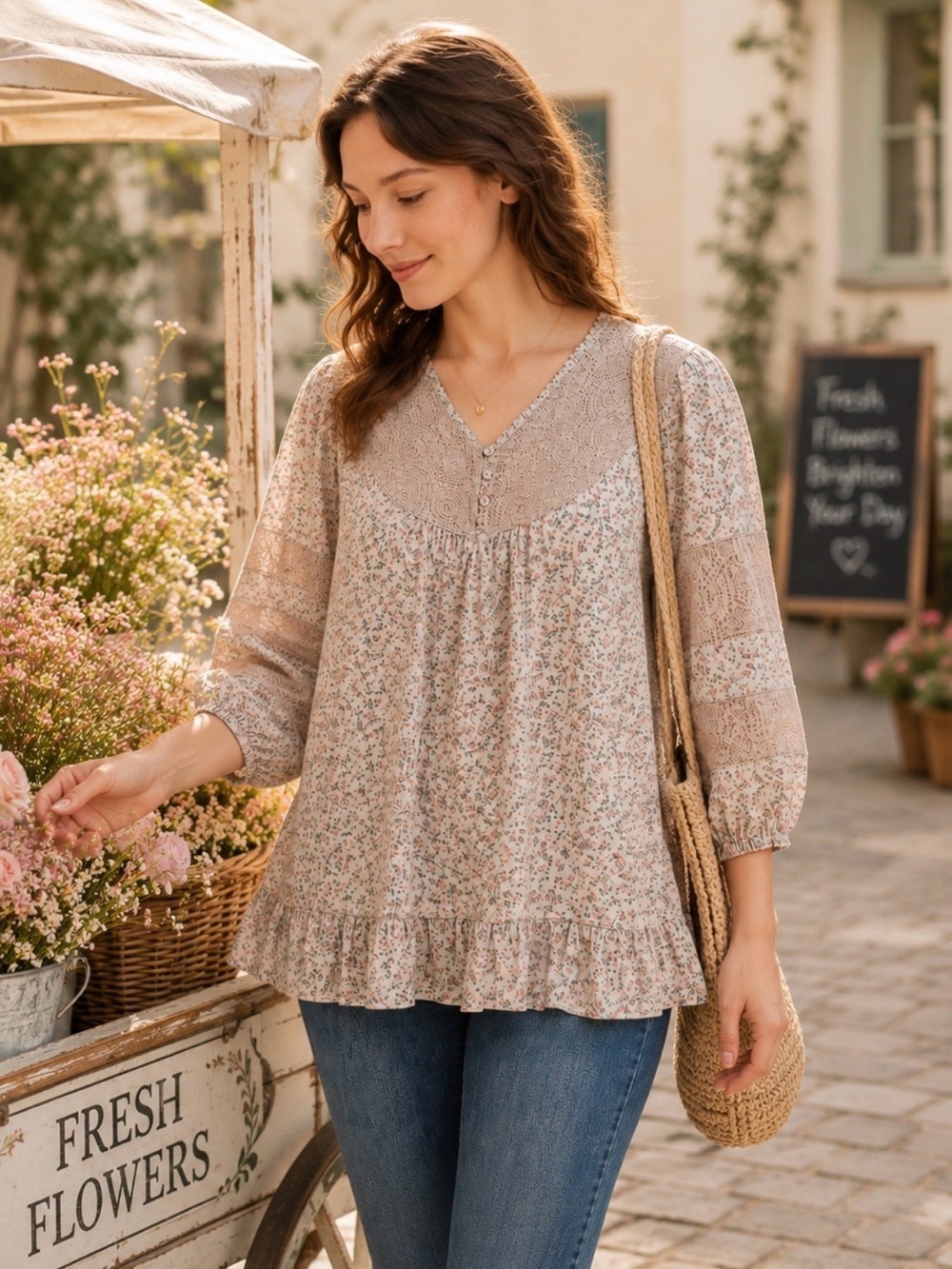 Free Hug Boho Floral Lace Panel Peasant Blouse NWT Size Small
